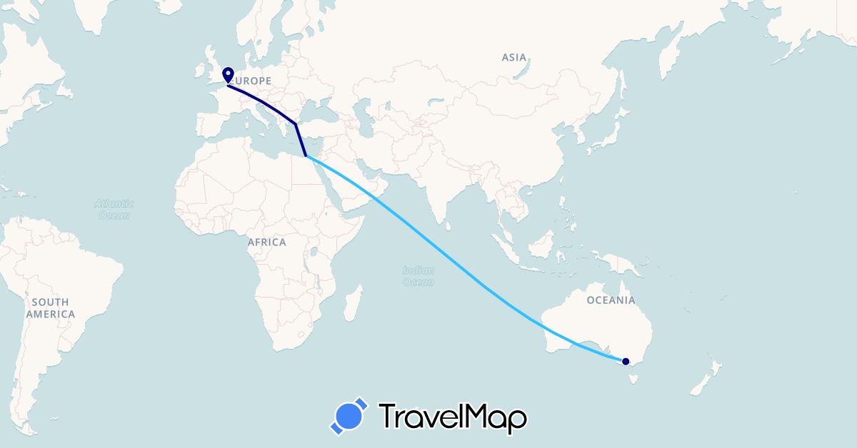 TravelMap itinerary: driving, boat in Australia, Egypt, France, Turkey (Africa, Asia, Europe, Oceania)